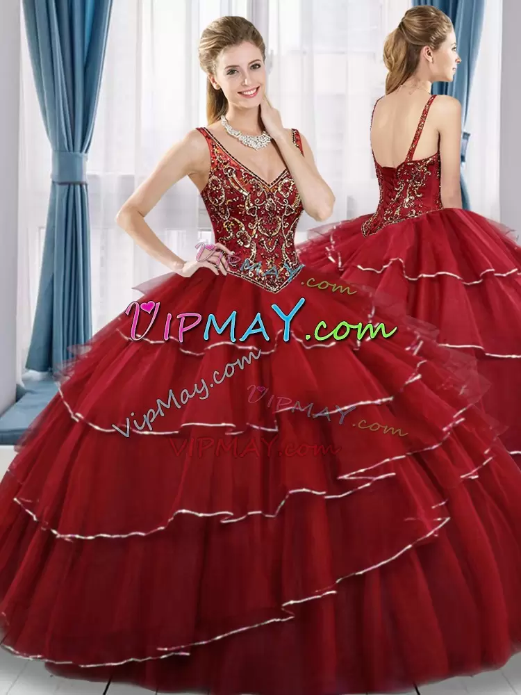 Red V-neck Lace Up Beading and Ruffled Layers Quinceanera Dress Sleeveless