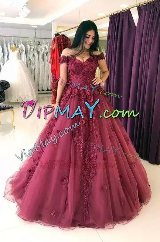 Sleeveless Off The Shoulder Appliques and Hand Made Flower Lace Up Quinceanera Gown