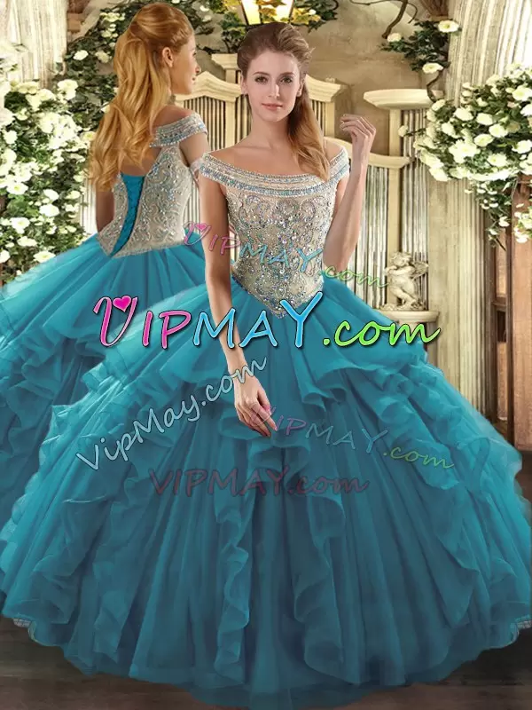 Great Teal Sleeveless Beading and Ruffles Floor Length Ball Gown Prom Dress