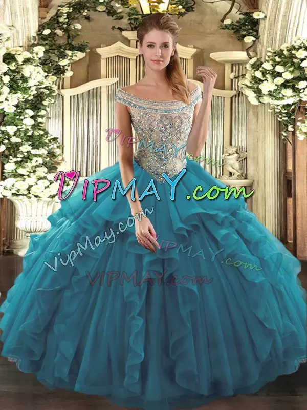 Great Teal Sleeveless Beading and Ruffles Floor Length Ball Gown Prom Dress