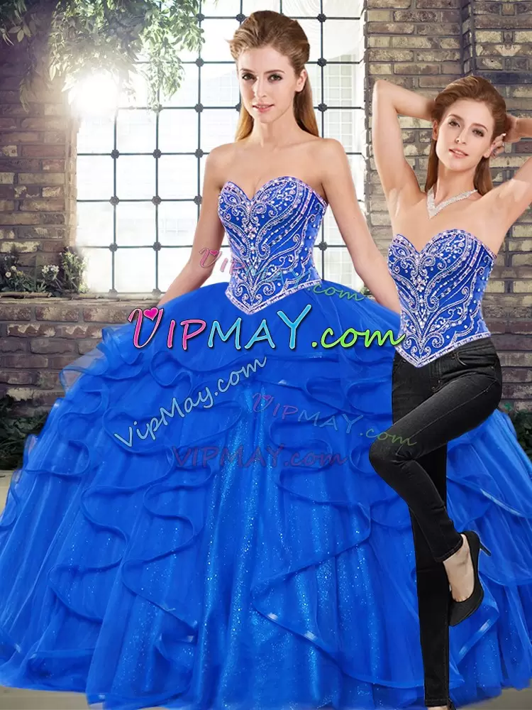 Cheap Royal Blue Sleeveless Tulle Lace Up Quince Ball Gowns for Military Ball and Sweet 16 and Quinceanera