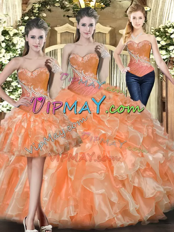 Artistic Orange Red Ball Gowns Beading and Ruffles Sweet 16 Quinceanera Dress Lace Up Tulle Sleeveless Floor Length