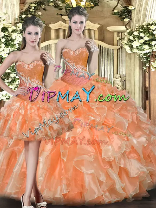 Artistic Orange Red Ball Gowns Beading and Ruffles Sweet 16 Quinceanera Dress Lace Up Tulle Sleeveless Floor Length