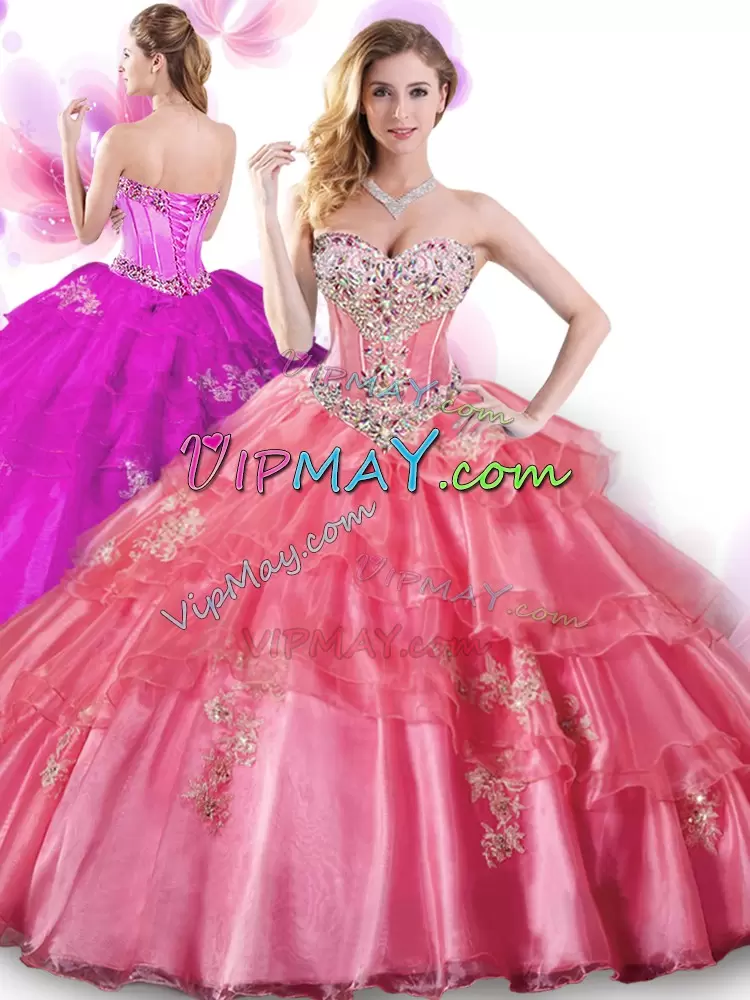 Coral Red Quinceanera Dress Military Ball and Sweet 16 and Quinceanera with Beading and Appliques Sweetheart Sleeveless Lace Up