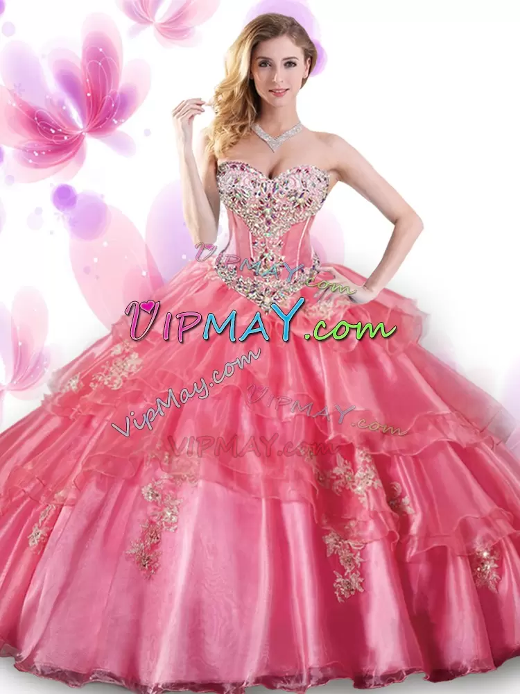 Coral Red Quinceanera Dress Military Ball and Sweet 16 and Quinceanera with Beading and Appliques Sweetheart Sleeveless Lace Up