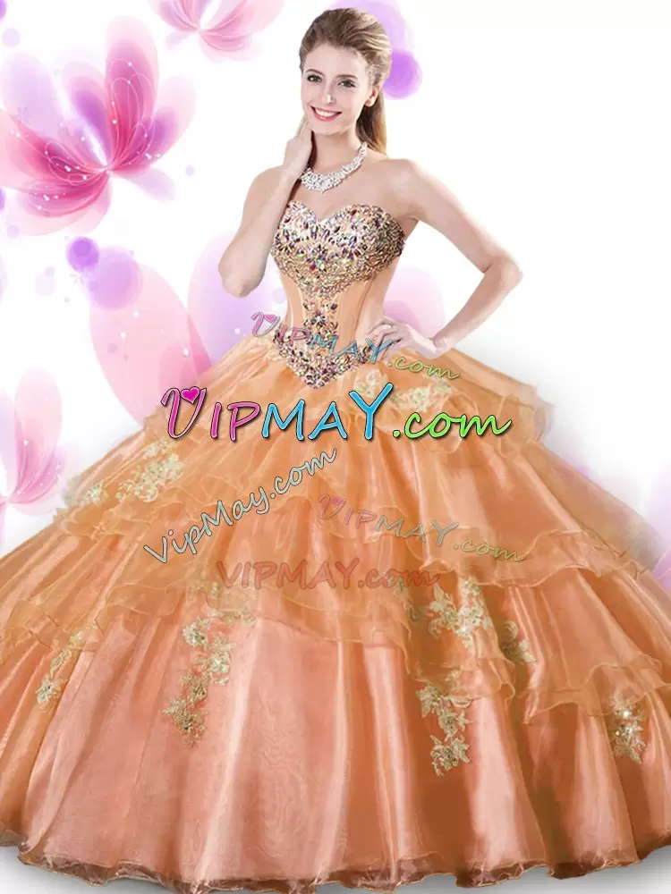 Coral Red Quinceanera Dress Military Ball and Sweet 16 and Quinceanera with Beading and Appliques Sweetheart Sleeveless Lace Up