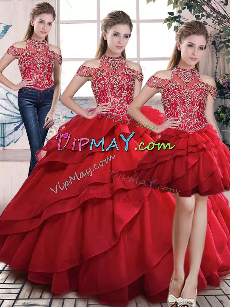 high neck line quinceanera dress,halter high neck quinceanera dress with bling,quinceanera dress midi cap sleeve,three pieces quinceanera dress,ruffled skirt quinceanera dress,corset quinceanera dress,