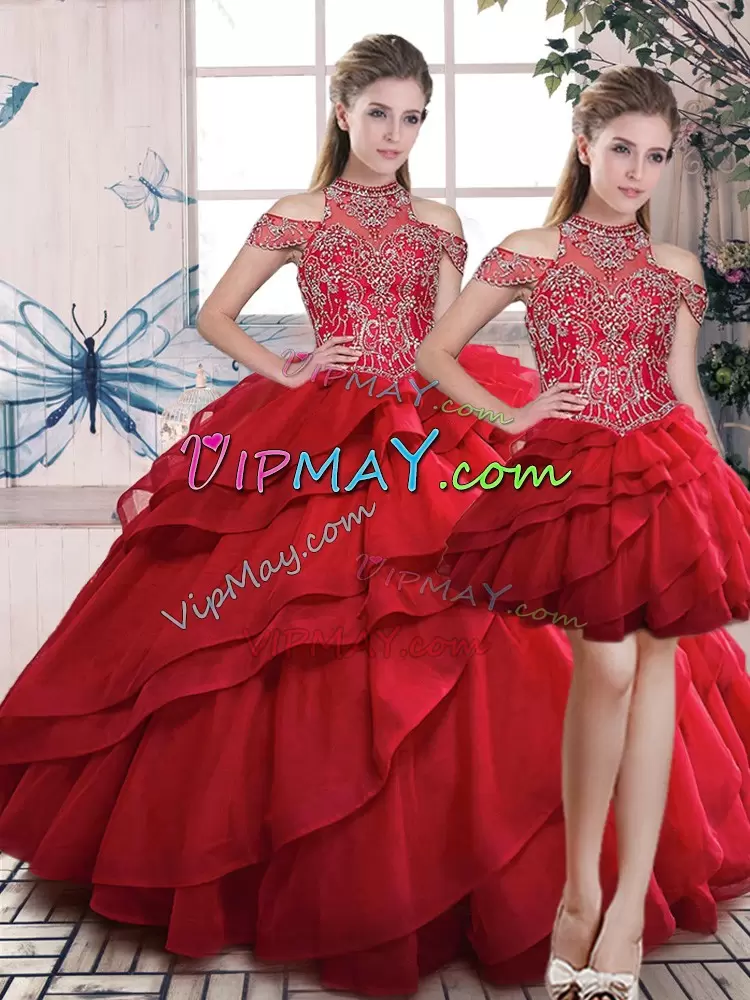 high neck line quinceanera dress,halter high neck quinceanera dress with bling,quinceanera dress midi cap sleeve,three pieces quinceanera dress,ruffled skirt quinceanera dress,corset quinceanera dress,