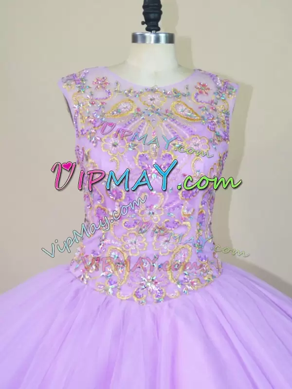 Graceful Floor Length Lavender Quince Ball Gowns Tulle Sleeveless Beading