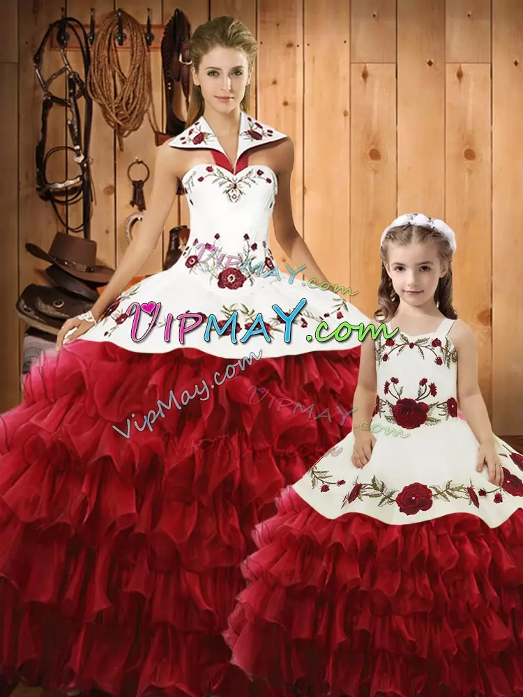 Top Selling Halter Top Sleeveless Lace Up Sweet 16 Quinceanera Dress Wine Red Tulle Embroidery and Ruffles