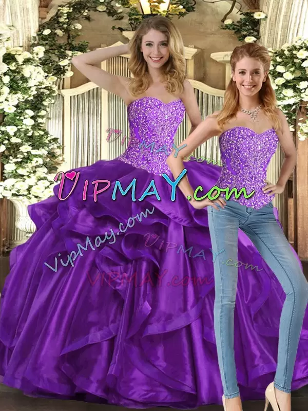 Eggplant Purple Ball Gowns Sweetheart Sleeveless Tulle Floor Length Lace Up Beading and Ruffles Quinceanera Gown