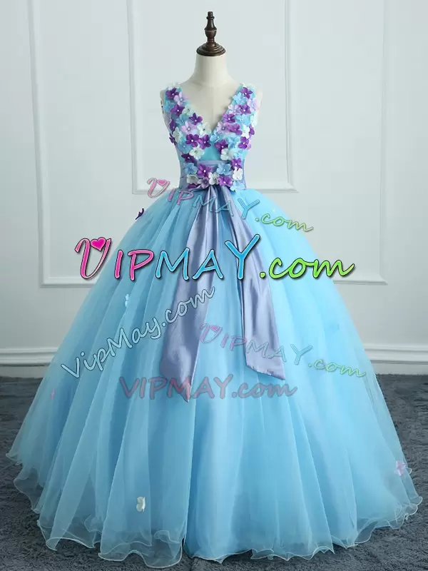 Top Selling Light Blue Organza Lace Up Sweet 16 Dress Sleeveless Floor Length Appliques and Belt