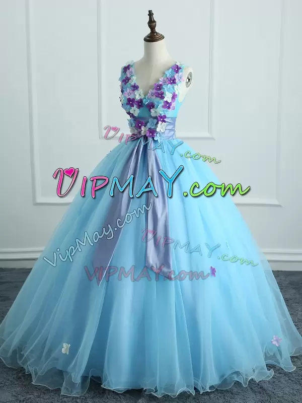 Top Selling Light Blue Organza Lace Up Sweet 16 Dress Sleeveless Floor Length Appliques and Belt