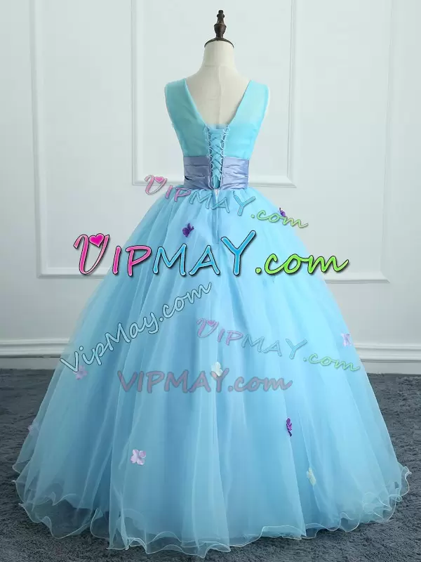 Top Selling Light Blue Organza Lace Up Sweet 16 Dress Sleeveless Floor Length Appliques and Belt