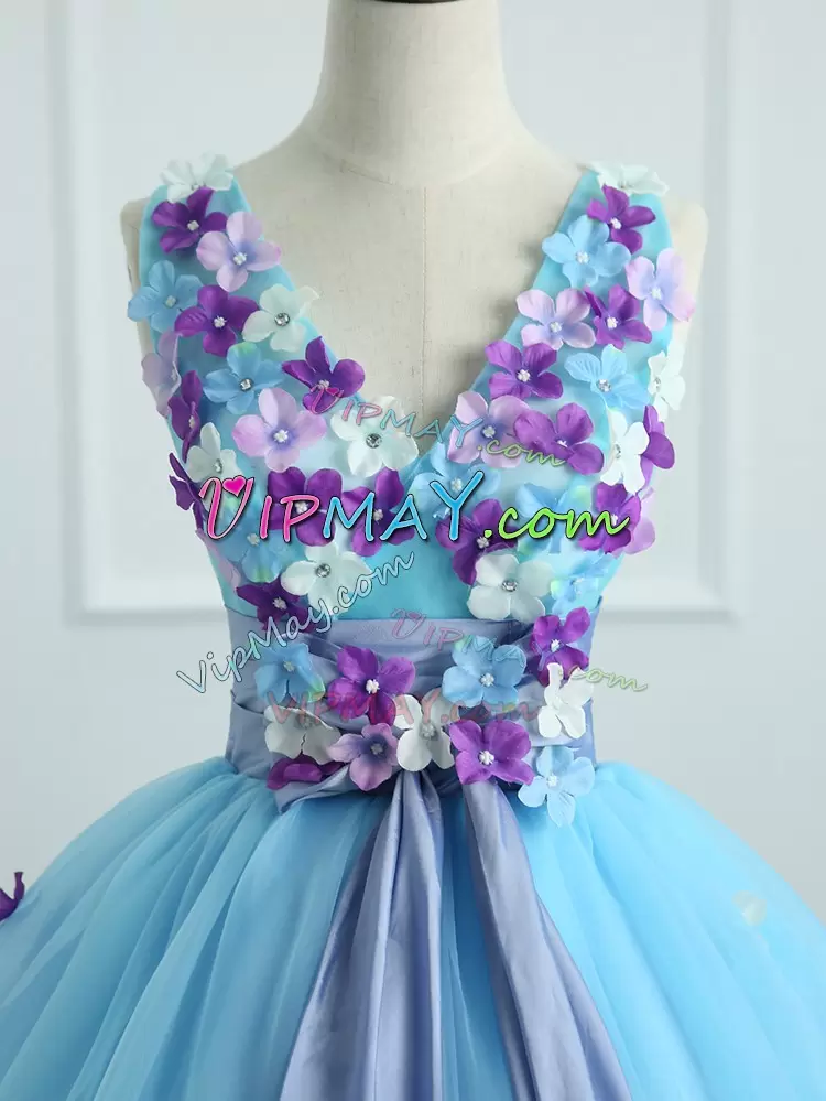 Top Selling Light Blue Organza Lace Up Sweet 16 Dress Sleeveless Floor Length Appliques and Belt