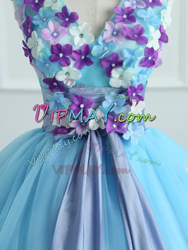 Top Selling Light Blue Organza Lace Up Sweet 16 Dress Sleeveless Floor Length Appliques and Belt