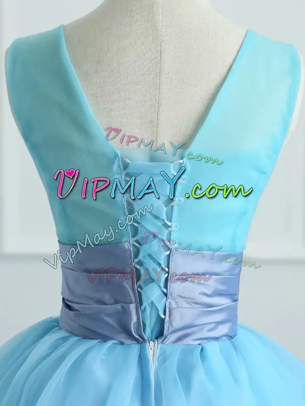 Top Selling Light Blue Organza Lace Up Sweet 16 Dress Sleeveless Floor Length Appliques and Belt