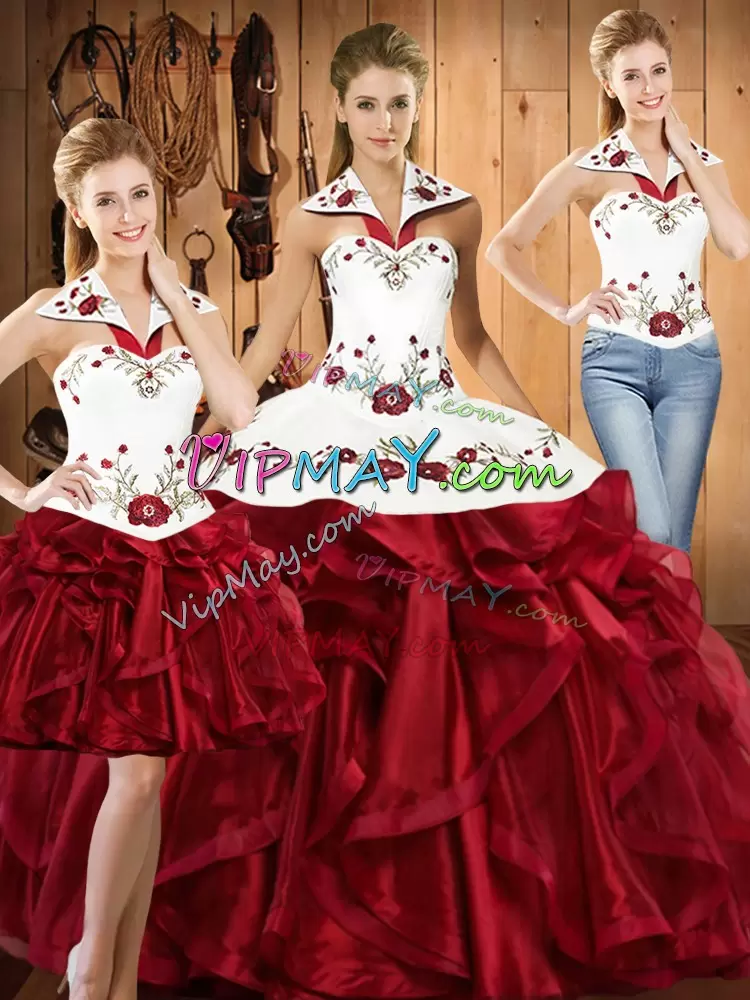 Romantic Wine Red Sleeveless Organza Lace Up Quinceanera Gowns for Military Ball and Sweet 16 and Quinceanera