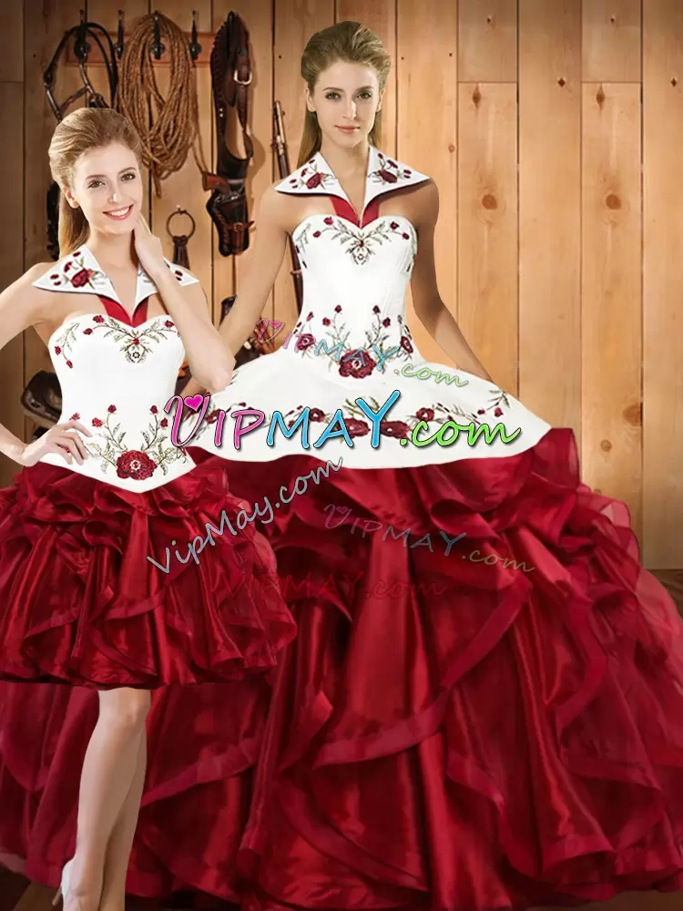 Romantic Wine Red Sleeveless Organza Lace Up Quinceanera Gowns for Military Ball and Sweet 16 and Quinceanera