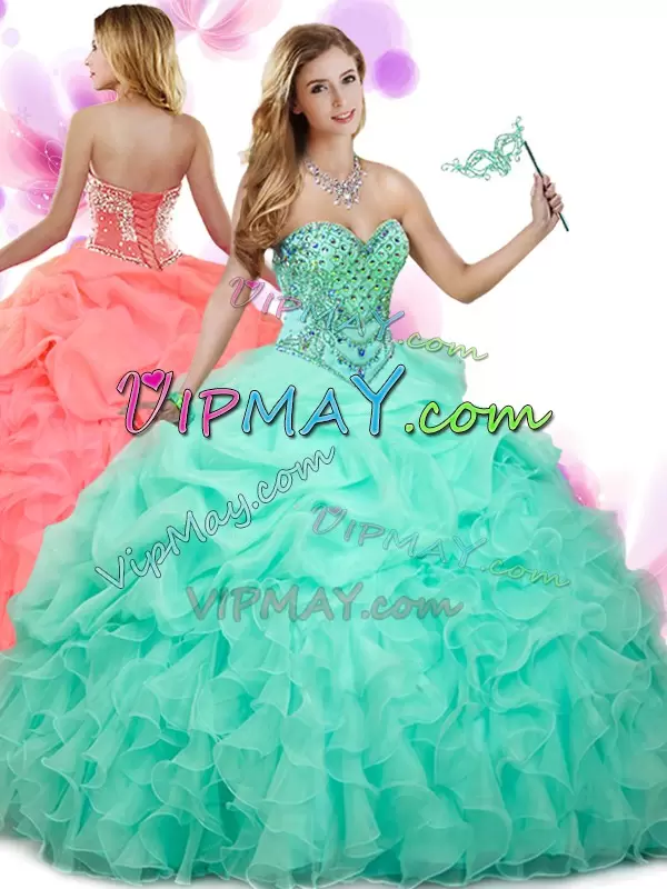 Most Popular Apple Green Quinceanera Gown Military Ball and Sweet 16 and Quinceanera with Beading and Ruffles and Pick Ups Sweetheart Sleeveless Lace Up