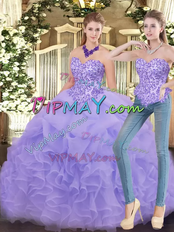 Lavender Two Pieces Sweetheart Sleeveless Organza Floor Length Zipper Appliques and Ruffles 15th Birthday Dress