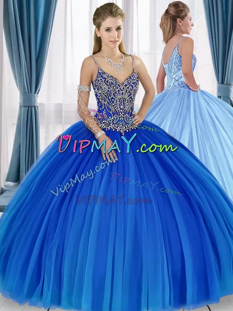 Fantastic Sweetheart Sleeveless Quinceanera Gowns Floor Length Beading Blue Tulle