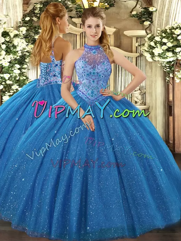 Chic Sleeveless Floor Length Beading and Embroidery Lace Up 15th Birthday Dress with Blue