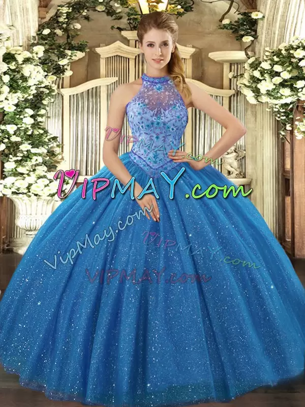 Chic Sleeveless Floor Length Beading and Embroidery Lace Up 15th Birthday Dress with Blue