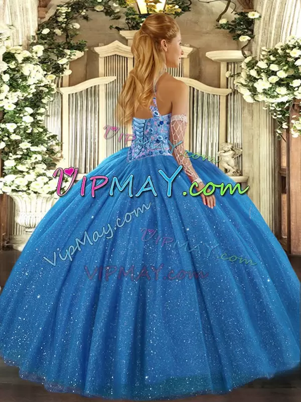 Chic Sleeveless Floor Length Beading and Embroidery Lace Up 15th Birthday Dress with Blue