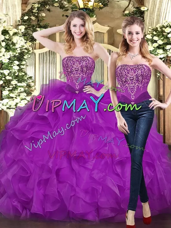 Amazing Purple Ball Gowns Sweetheart Sleeveless Organza Floor Length Lace Up Beading and Ruffles Quinceanera Dresses