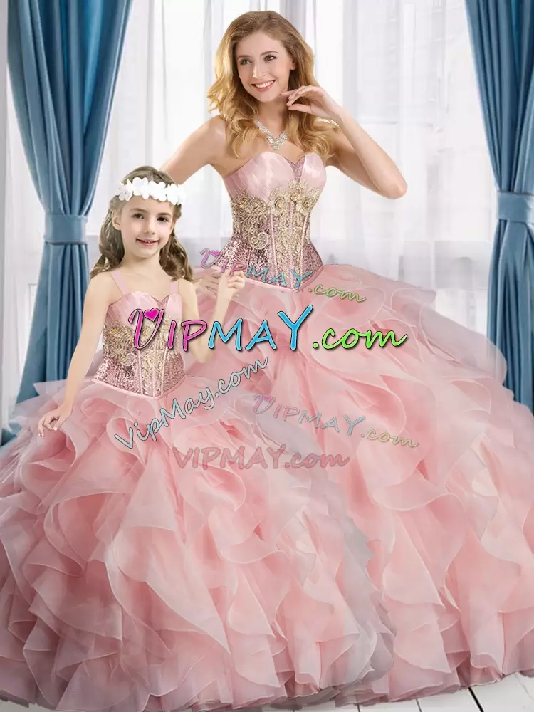 Satin and Organza Sleeveless Floor Length 15 Quinceanera Dress and Beading and Ruffles