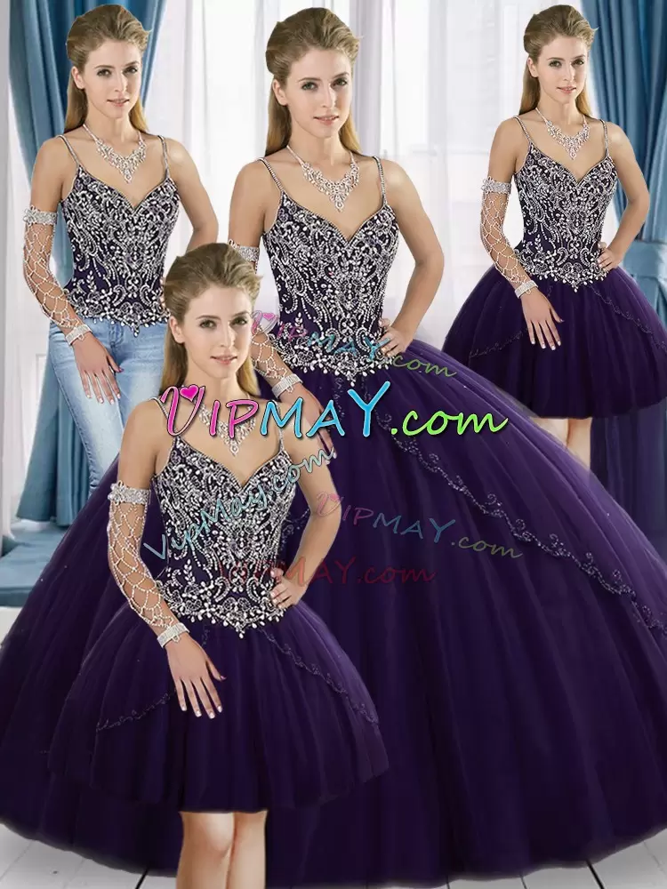 Purple Lace Up Spaghetti Straps Beading Quinceanera Gown Tulle Sleeveless