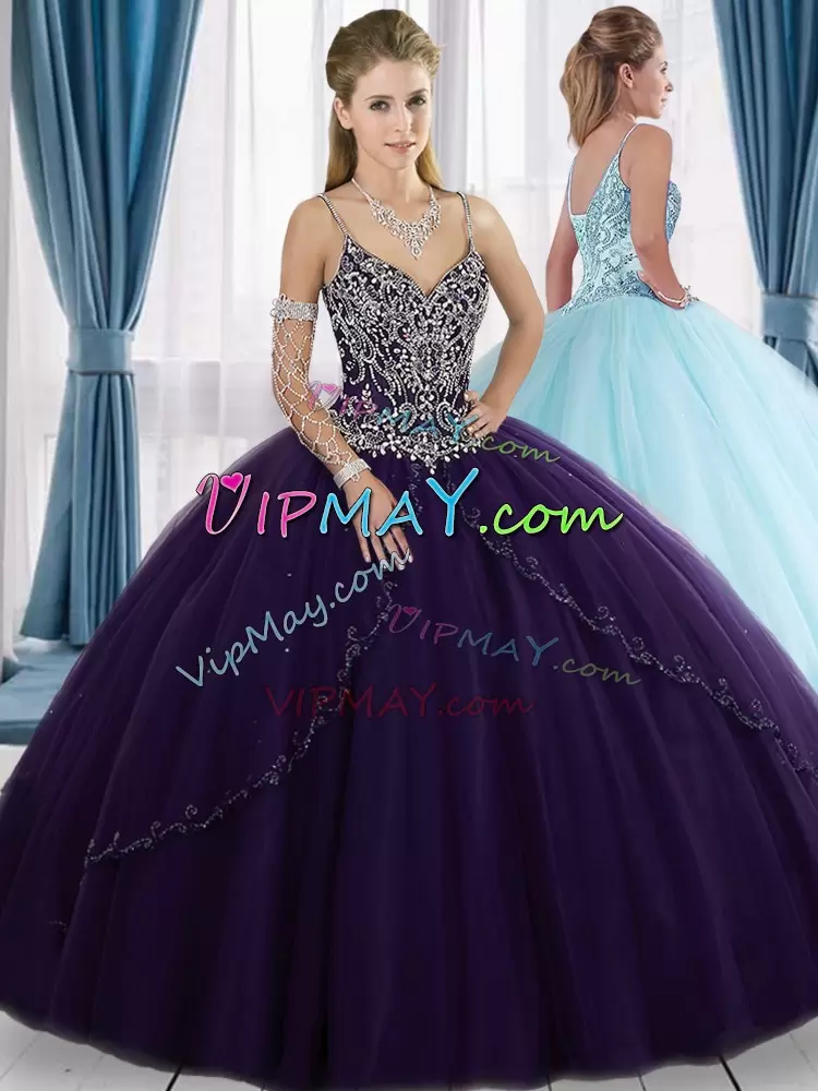 Purple Lace Up Spaghetti Straps Beading Quinceanera Gown Tulle Sleeveless