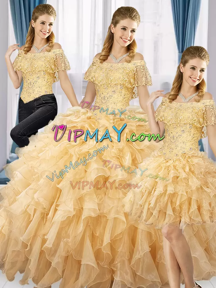 Sophisticated Floor Length Gold Sweet 16 Dress Organza Sleeveless Beading and Ruffles