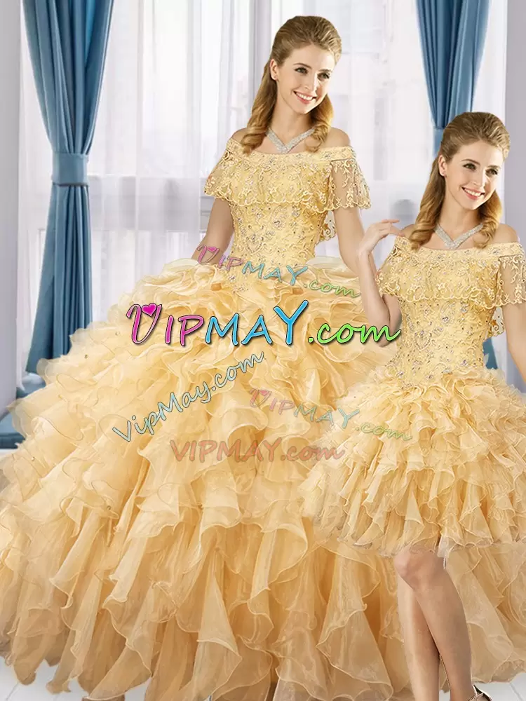 Sophisticated Floor Length Gold Sweet 16 Dress Organza Sleeveless Beading and Ruffles