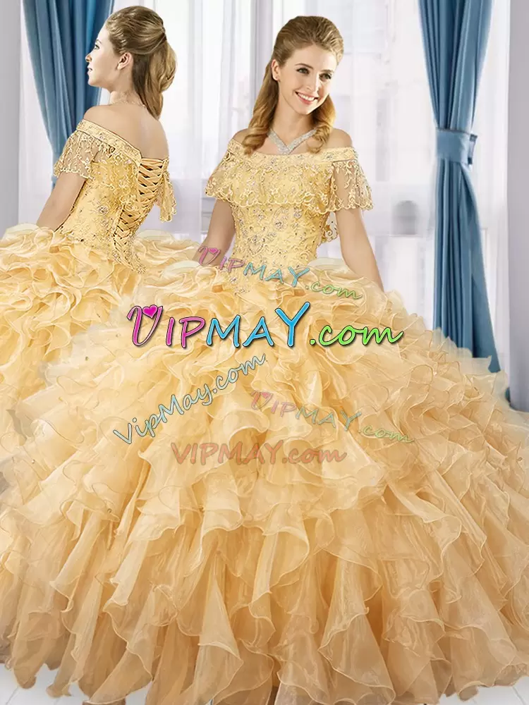 Sophisticated Floor Length Gold Sweet 16 Dress Organza Sleeveless Beading and Ruffles