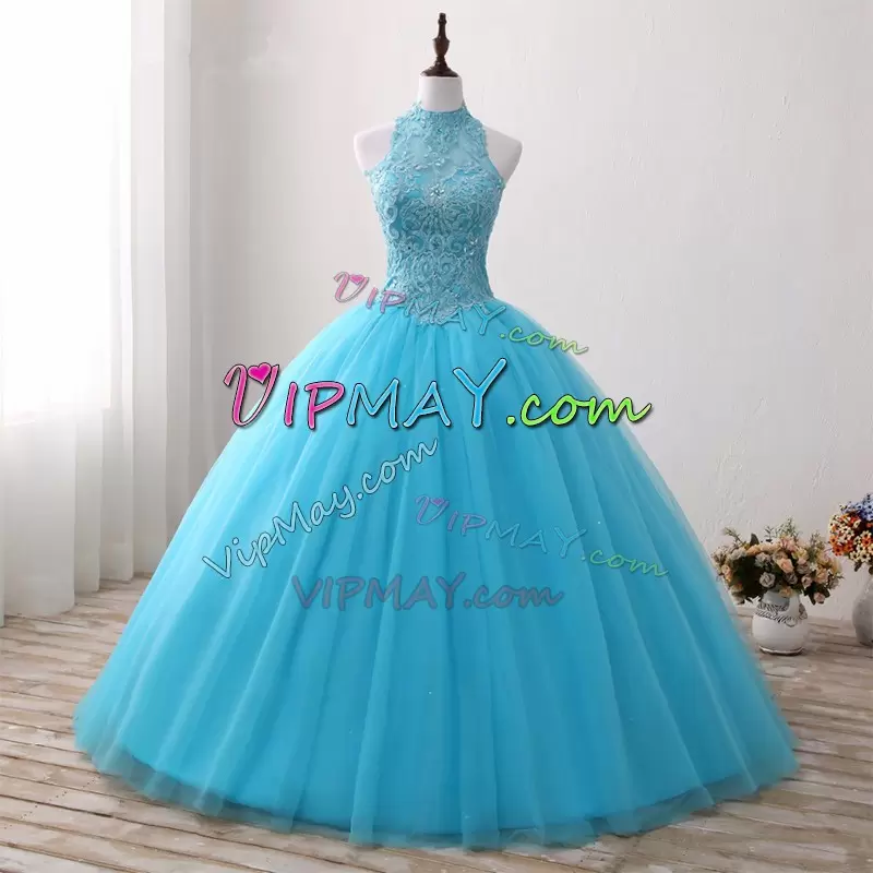 Discounted Aqua Blue Halter Top Sleeveless Sweet 16 Quinceanera Dress Tulle Satin Open Back