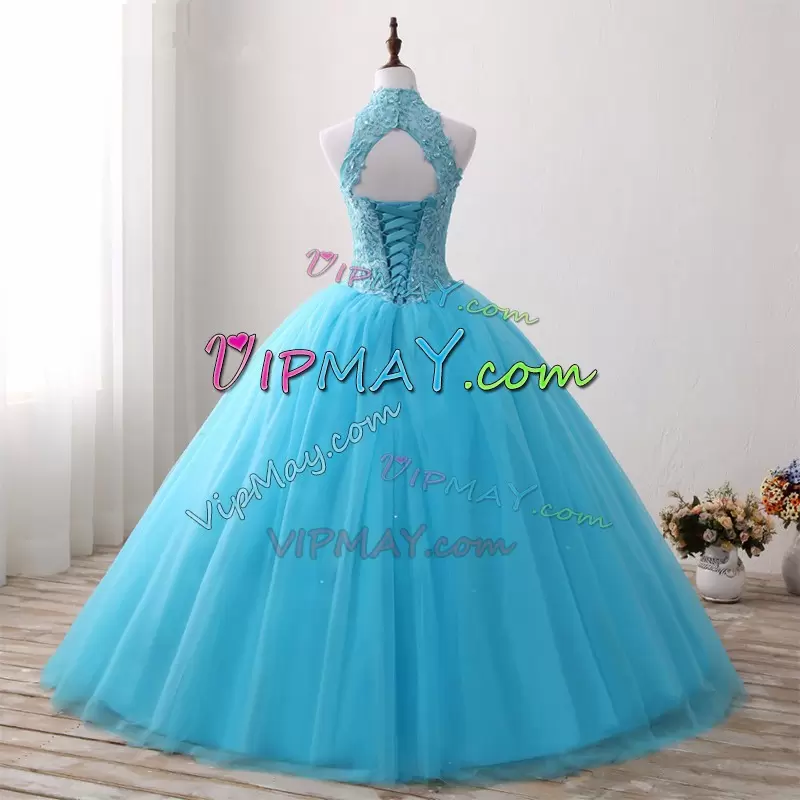 Discounted Aqua Blue Halter Top Sleeveless Sweet 16 Quinceanera Dress Tulle Satin Open Back