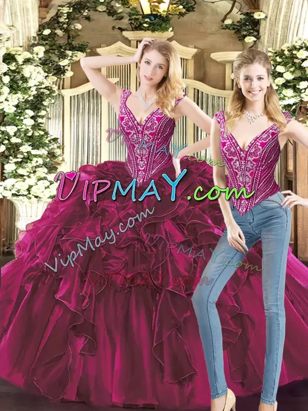 V-neck Sleeveless Organza Ball Gown Prom Dress Beading and Ruffles Lace Up