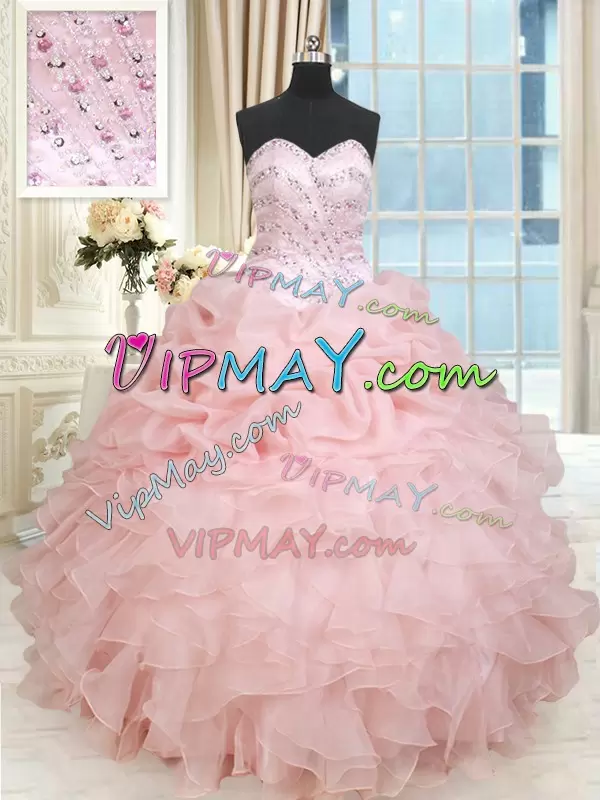 Baby Pink Sleeveless Floor Length Beading and Ruffles and Pick Ups Lace Up 15th Birthday Dress Sweetheart