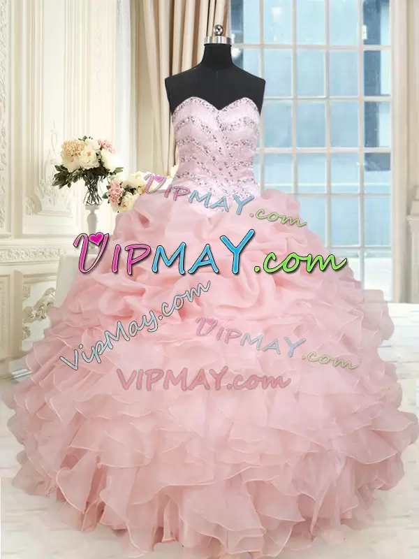 Baby Pink Sleeveless Floor Length Beading and Ruffles and Pick Ups Lace Up 15th Birthday Dress Sweetheart