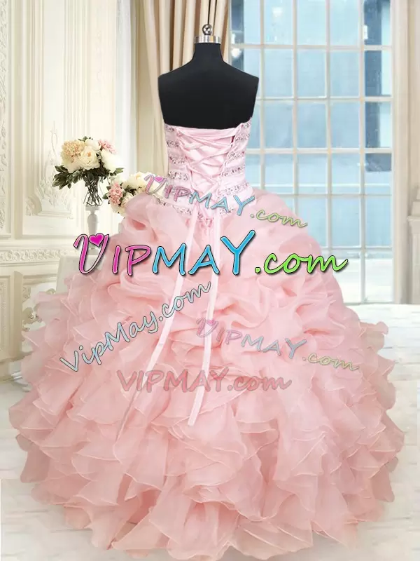 Baby Pink Sleeveless Floor Length Beading and Ruffles and Pick Ups Lace Up 15th Birthday Dress Sweetheart