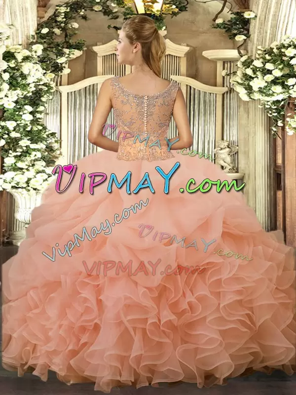 Sleeveless Floor Length Beading and Ruffled Layers Clasp Handle Sweet 16 Dresses with Peach