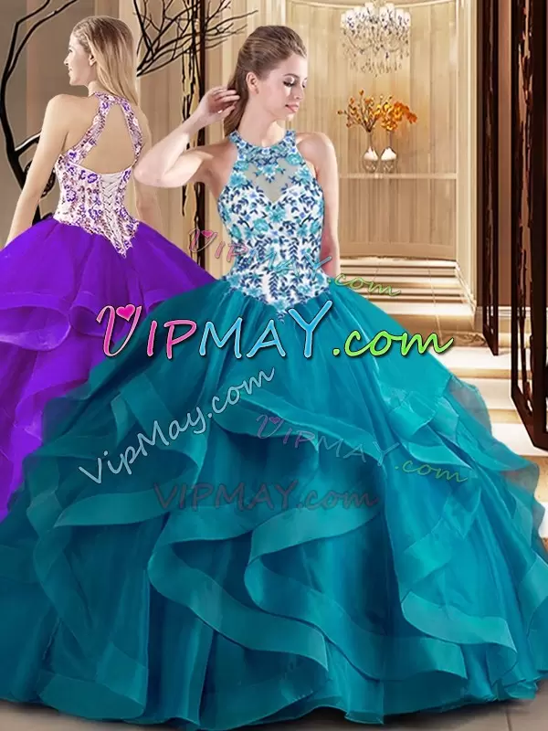 teal quinceanera dress,quinceanera dress with halter neckline,illusion neck quinceanera dress,keyhole neck quinceanera dress,sweet sixteen dress with ruffles,