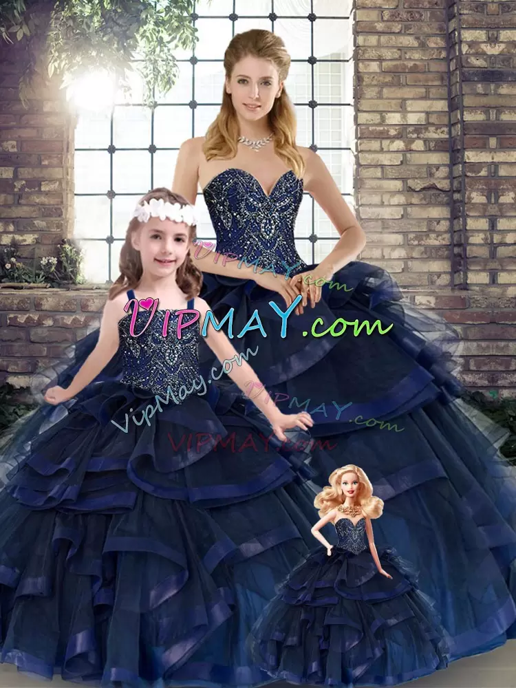 Tulle Sweetheart Sleeveless Lace Up Beading and Ruffles Quinceanera Gown in Navy Blue