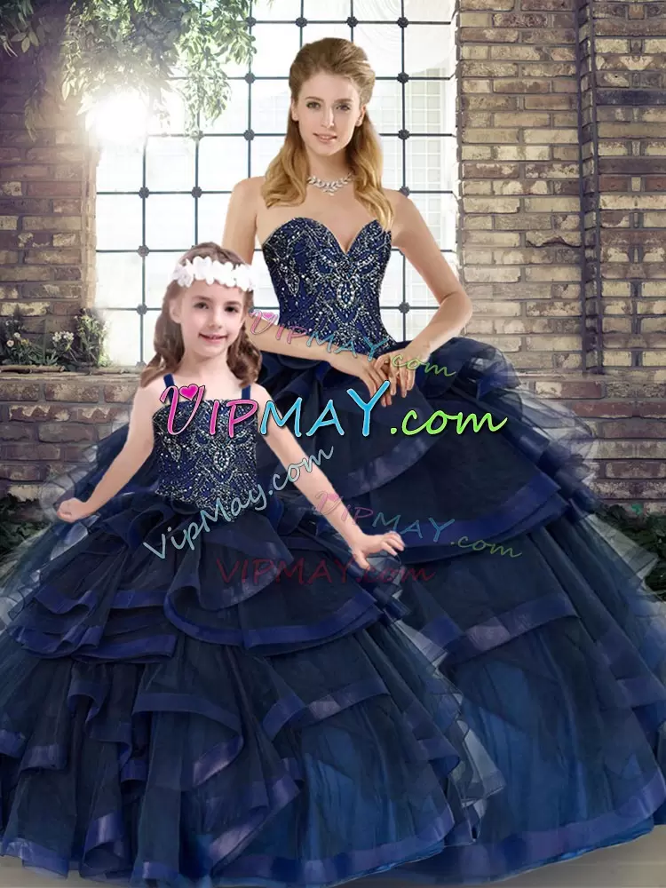 Tulle Sweetheart Sleeveless Lace Up Beading and Ruffles Quinceanera Gown in Navy Blue