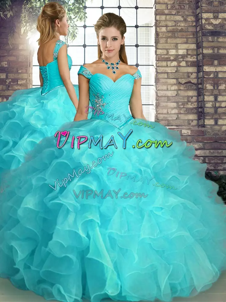 Exquisite Aqua Blue Organza Lace Up Quinceanera Gowns Sleeveless Floor Length Beading and Ruffles