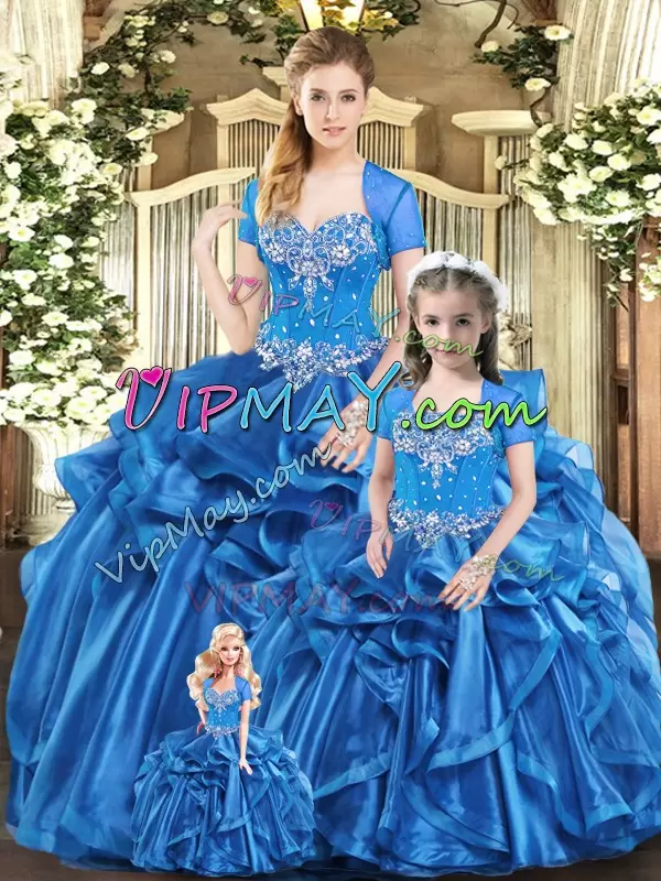 Best Selling Blue Ball Gowns Sweetheart Sleeveless Organza Floor Length Lace Up Beading and Ruffles Quinceanera Dress