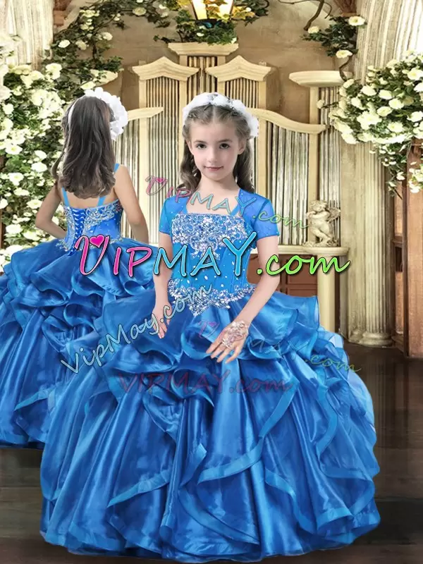 Best Selling Blue Ball Gowns Sweetheart Sleeveless Organza Floor Length Lace Up Beading and Ruffles Quinceanera Dress