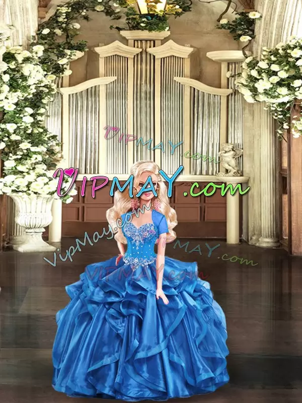 Best Selling Blue Ball Gowns Sweetheart Sleeveless Organza Floor Length Lace Up Beading and Ruffles Quinceanera Dress